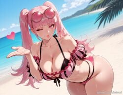 ai_generated balecxi beach cleavage eyewear_on_head female fire_emblem fire_emblem:_three_houses heart hilda_valentine_goneril large_breasts long_hair looking_at_viewer one_eye_closed outdoors patreon_username pink_bikini pink_eyes pink_hair smile solo swimsuit thighs twintails