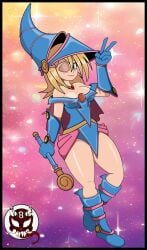 8ball9615 blonde_hair blush dark_magician_girl dressed flying green_eyes magical_girl magician_hat medium_breasts winking_eye yu-gi-oh!