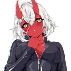 akumi blush breasts cleavage demon_girl earrings eyebrows_visible_through_hair female hair_between_eyes hand_on_own_chest hand_on_own_chin hood horns jewelry large_breasts long_sleeves looking_at_viewer medium_breasts oni oni_horns parted_lips red_eyes red_oni red_skin short_hair simple_background solo upper_body vyugen white_background white_hair yellow_eyes zipper