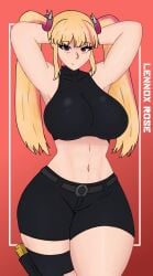 armpits big_breasts blonde_hair crop_top curvy fortnite gun gun_holster hands_behind_head keyt_999 lennox_rose_(fortnite) sfw thick_thighs