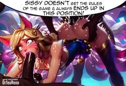 ahri ahri_(cosplay) ai_generated anal_sex caption feminization feminized_male futanari league_of_legends male orfeoreno penis sissification sissy sissyfication sissygasm