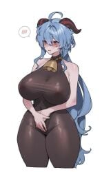 1girls blue_hair blushing bodystocking cow_bell curvy ganyu_(genshin_impact) genshin_impact horn horns huge_breasts tagme voluptuous