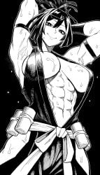 abs armpits belt breasts cleavage female greyscale high_ponytail highres jigokuraku looking_at_viewer looking_down monochrome muscular muscular_female ninja ponytail sideboob simple_background smile solo sweat toned underboob websake yuzuriha_(jigokuraku)