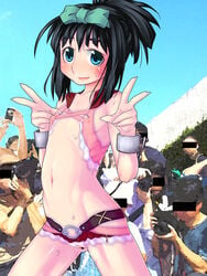 bar_censor blush bodypaint bow camera censored chains double_v erect_nipples exhibitionism eyebrows eyebrows_visible_through_hair female flat_chest hairbow handcuffs holding inverted_nipples kunihiro_hajime looking_at_viewer multiple_boys navel open_mouth outdoors painted_clothes pussy raplus saki shiny shiny_hair shiny_skin sky star star_tattoo swear tattoo v