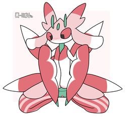 1girls 2016 antennae arthropod black_eyes blush c1-11131 clitoris female feral insect lurantis mantis nintendo pokemon pokemon_sm pussy red_sclera shy simple_background solo spreading text video_games wings