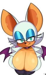 2d 2d_(artwork) anthro bat bat_wings big_breasts cleavage fiinel green_eyes huge_breasts looking_at_viewer rouge_the_bat seductive_smile sega short_hair shortstack sonic_(series) sonic_the_hedgehog_(series) teacher wings