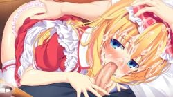 ass_grab blonde_hair blowjob blue_eyes blush brother_and_sister cum_on_face cum_on_hair game_cg hair_ribbon hinata_nao holding_penis imouto_paradise!_3 incest indoors long_hair nanase_hinata official_art panties pink_panties red_dress shiny_skin short_sleeves skirt_lift thighhighs thighs underwear white_thighhighs