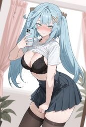 big_breasts blue_eyes blue_hair embarrassed faruzan_(genshin_impact) genshin_impact) green_eyes green_hair huge_breasts huge_thighs skirt thighs twintails yellow_eyes