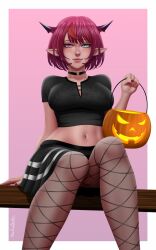 basic_background blackcapbandit halloween heterochromia hololive hololive_english hololive_english_-promise- irys irys_(hololive) navel pink_hair pumpkin sitting skirt virtual_youtuber vtuber