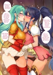 2girls aqua_eyes aqua_hair ass asymmetrical_docking bare_thighs big_ass black_panties blue_eyes blue_hair blush braid breast_press breasts caught cleavage clothes_lift dark_blue_eyes dark_blue_hair eirika_(fire_emblem) english_text female female_only fingerless_gloves fire_emblem fire_emblem:_the_sacred_stones french_kiss gloves heart heart_in_eye heavy_breathing indoors kiss_mark large_breasts lifted_by_another lipstick_mark lipstick_on_breast lipstick_on_thighs long_hair medium_breasts miniskirt multiple_girls musk naughty_face nintendo open_mouth panties ponytail pov presenting presenting_panties pussy_juice revolverwingstudios saliva_trail skirt_lift standing sweat tana_(fire_emblem) teasing text thigh_boots thighs twin_braids underwear upskirt very_long_hair voyeur wet_pussy yuri