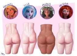 4girls ass ass_bigger_than_head ass_chart ass_comparison ass_focus ass_row back_view big_ass booty brave butt butt_focus comparing comparing_asses comparing_butts disney disney_princess elsa_(frozen) flipz89 frozen_(film) merida moana moana_waialiki naked nude rapunzel self_upload take_your_pick tangled text thick_ass thick_thighs thighs