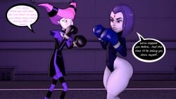 2girls 3d 3d_(artwork) boots boxing boxing_gloves boxing_ring cartoon_network chakraeyes comic dc dc_comics dialogue duo duo_female duo_focus fight fighting fighting_ring gloves grey_skin jinx_(dc) leotard purple_eyes purple_hair rachel_roth raven_(dc) ryona short_hair short_hair_female superhero superheroine supervillain supervillainess tagme teen_titans text text_bubble