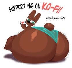 1boy ass_bigger_than_body ass_bigger_than_head ass_focus breathotter brown_body bunny_boy cocoa_the_bunny femboy gigantic_ass green_eyes holding_mug huge_ass ko-fi_logo rabbit_boy shiny_skin solo solo_focus thick_thighs