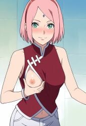 1girls ai_generated blush boruto:_naruto_next_generations bracelet breast_grab breasts breasts_out china_dress chinese_clothes cleavage dress facial_mark female female_only forehead_mark grabbing_own_breast green_eyes hair_ornament hairband hi_res light-skinned_female light_skin midriff nai_diffusion naruto naruto_(series) nipples no_bra one_breast_out open_clothes open_dress pants petite pink_hair pinup presenting presenting_breasts red_dress red_hairband sakura_haruno solo solo_focus stable_diffusion uncensored upper_body wakih white_pants