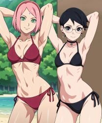 >:) 2girls 5:6 5:6_ratio age_difference ai_generated armpit_pose armpits arms_behind_head arms_up bangs beach bikini black_bikini black_collar black_eyes black_hair black_swimsuit bob_cut boruto:_two_blue_vortex breasts breasts_apart brown_wall clothing cowboy_shot daughter deep_armpits eyewear facial_mark female female_only forehead_mark forest glasses green_eyes hairband headwear high_resolution inner_boob inner_thighs kunoichi looking_at_viewer medium_breasts medium_hair milf mother mother_and_daughter multiple_girls muscular_armpits naruto nature o-ring_collar older_woman_and_teenage_girl outdoors pink_hair pixie_cut presenting_armpits red-framed_glasses red_bikini red_hairband red_swimsuit ribs rimless_glasses riverside round_glasses sakura_haruno sarada_uchiha short_hair sideboob small_breasts smiling_at_viewer smooth_armpits stable_diffusion swept_bangs swimsuit tassel_earrings teenage teenage_girl toned_body toned_female toned_stomach topaz_a.i._gigapixel tree uchiha_symbol very_high_resolution wakistorage