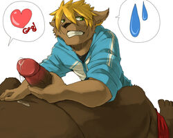 anthro bear blonde_hair canine circumcised donguri duo green_eyes hair handjob heart humanoid_penis male male_only mammal masturbation overweight overweight_male penis precum simple_background yaoi