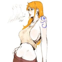 arm_tattoo birthday bon_drawr earrings happy_birthday hip_dips hips nami navel one_piece orange_hair sideboob slim_waist tattoo