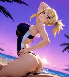 ai_generated arched_back ass back_view beach blonde_hair brown_eyes cowgirl_position cum_in_pussy fairy_tail illustrious_(stable_diffusion) large_breasts looking_at_viewer lucy_heartfilia one_arm_behind_head payop ponytail purple_sky side_view swimsuit vaginal_sex vaporwave