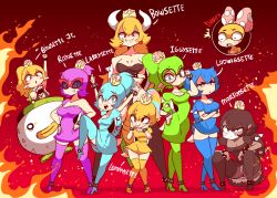 2018 2018s 2d 6+girls 8girls blue_eyes blue_hair blue_legwear blush bow bowser_jr. bowsette bowsette_jr. bracelet breasts cameltoe character_name cleavage clenched_hand closed_mouth collarbone colored_skin crossed_arms crossgender crown dark-skinned_female dark_skin diives dress earrings fang fangs female female_focus female_only fire full_body genderswap genderswap_(mtf) glasses gradient_background green_dress green_hair green_legwear hair hair_between_eyes hand_on_own_hip hand_up hands_on_own_cheeks hands_on_own_face hands_on_own_hips happy high_heels high_ponytail horns iggy_koopa iggysette jewelry knees_together_feet_apart koopa_clown_car koopaling larrette larry_koopa leg_up legs_apart lemmy_koopa lemmysette leotard long_hair looking_at_viewer ludwig_von_koopa ludwigsette mario_(series) matching_hair/eyes medium_breasts milf morton_koopa_jr. mortonsette mother_and_daughter mtf_crossgender multicolored_hair multicolored_skin multiple_girls new_super_mario_bros._u_deluxe nintendo open_mouth panties personification pigeon-toed pink_bow pointy_ears polka_dot polka_dot_bow ponytail puffy_short_sleeves puffy_sleeves purple_dress purple_eyes purple_hair purple_legwear raised_eyebrow red-framed_eyewear red_background red_eyes roy_koopa roysette rule63 rule_63 sharp_teeth shoes short_dress short_sleeves sideboob signature simple_background single_sleeve smile spiked_bracelet spiked_shell spikes squatting standing standing_on_one_leg strapless strapless_leotard sunglasses super_crown super_mario_bros. tail teeth thighhighs tinted_eyewear tongue tongue_out turtle_shell two-tone_skin underwear upskirt wendy_o._koopa white_panties yellow_dress yellow_legwear zettai_ryouiki