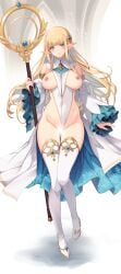 blonde_hair blue_eyes breasts breasts_out censored clothing_aside detached_sleeves elf female full_body highres holding holding_staff kirishima_satoshi leotard leotard_aside long_hair nipples original pointy_ears pussy solo staff white_leotard white_sleeves wide_sleeves