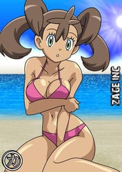 1girls beach bikini breasts brown_hair cleavage dark-skinned_female dark_skin exhibitionism female green_eyes human human_only kageta large_breasts looking_at_viewer midriff navel nintendo open_mouth pokemon pokemon_xy quad_tails sakaki_(artist) shauna_(pokemon) solo swimsuit text tied_hair twintails