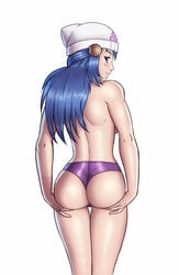 1girls ass beanie blue_eyes blue_hair breasts dat_ass dawn_(pokemon) hands_on_ass hat human jpeg long_hair looking_at_viewer panties pokemon reptileye solo thong topless