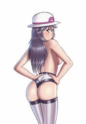 1girls ass breasts brown_eyes brown_hair dat_ass female hands_on_hips hat human human_only leaf_(pokemon) long_hair looking_at_viewer panties pokemon reptileye sideboob solo stockings topless