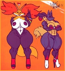 2girls abs anthro big_breasts breasts canine clothing delphox female footwear fox furry high_heels huge_ass jackal lucario mammal mega_evolution mega_lucario naked_footwear naked_heels nintendo nipples nude pokemon pokemon_(species) pussy sligarthetiger standing text thick_thighs video_games wide_hips