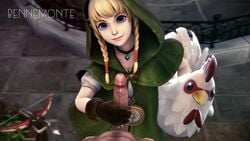 3d animated bennemonte blonde_hair blue_eyes chicken cucco erection female handjob hyrule_warriors linkle male nintendo no_sound penis pov source_filmmaker straight the_legend_of_zelda tied_hair twintails video