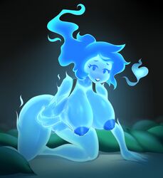 big_breasts blue_eyes blue_nipples breasts elemental ember_(angstrom) fan_character female fire fire_elemental heart huge_breasts mature_female metachoke nipples nude pussy smile solo undertale video_games