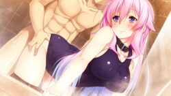 aristear_remain ass astronauts astronauts_comet bare_arms bare_shoulders bath bathroom bathtub bent_over blush breasts clothed_female_nude_male clothed_sex collar female game_cg highres indoors kokusan_moyashi large_breasts legs long_hair looking_back multicolored_eyes pink_hair rozea ruru_(aristear_rimain) sex smile solo_focus steam swimsuit thighhighs thighs vaginal_penetration