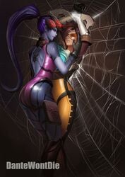 arms_up bodysuit bondage brown_hair dantewontdie forced_yuri fully_clothed imminent_rape overwatch restrained skin_tight spider_web tagme tracer widowmaker yuri