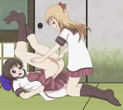 >_< 2girls ass black_hair blonde_hair blush bow brown_eyes closed_eyes clothing fingering funami_yui multiple_girls no_panties open_mouth pussy school_uniform skirt socks tongue_out top-down_bottom-up toshinou_kyouko uniform yuri yuru_yuri