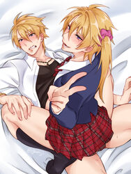 2boys anal blonde_hair blush bottomless character_request femboy happy_sex lying makishima_reiji male_only multiple_boys muscular_femboy naughty_face school_uniform selfcest sex sissy sitting_on_person skirt smile straddling student tagme v yaoi yarimesu