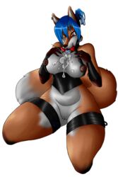 2016 anthro armor ass big_breasts bondage bound breasts canine clothing corset cum fangs female fur gauntlets gloves hair huge_breasts humanoid lingerie mammal nipples nude pussy smile solo tanithjackal teeth