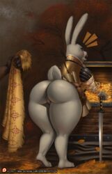 2016 amber_(armello) anthro armello armor ass big_butt bottomless clothed clothing coin da_polar_inc gold_(metal) gold_coin lagomorph mammal offscreen_character patreon pearl_necklace pussy rabbit ssocrates treasure