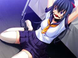 arms_up ball_gag bed black_hair black_skirt blush bondage chains cuffs female gag gagged hair_ribbon himitsu_inkou_chika_club long_hair pleated_skirt ponytail purple_eyes sakura_romako school_uniform serafuku short_sleeves sitting skirt solo spread_legs tears thighhighs tied_hair undermoon_(company) white_legwear white_thighhighs yakushiji_hinata zettai_ryouiki