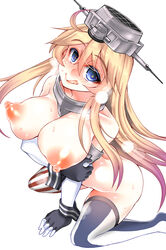 :q ahoge american_flag american_flag_legwear arched_back arm_rest bare_shoulders blonde_hair blue_eyes blush bottomless breasts breath cleavage collar collarbone elbow_gloves female flag_print full-face_blush gloves hair_between_eyes headgear iowa_(kantai_collection) kantai_collection large_breasts long_hair looking_at_viewer mabuchoco_m mismatched_legwear nipples nude simple_background sitting solo star star-shaped_pupils striped striped_legwear sweat symbol-shaped_pupils thighhighs tongue tongue_out vertical-striped_legwear vertical_stripes wariza white_background