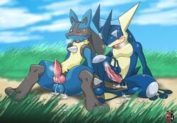 2boys amphibian animal_genitalia animal_penis anthro black_fur blue_fur blue_skin blush brown_eyes canine canine_penis closed_eyes cloud cum cum_on_balls cum_on_ground cum_on_penis erection fangs frog fur furry grass greninja kivwolf knot looking_at_viewer lucario male male_only mammal masturbation multiple_boys nintendo nude one_eye_closed open_mouth outdoors outside penis pokemon pokemon_(species) reclining sitting sky smile spikes spread_legs spreading sweat sweatdrop testicles text veins veiny_penis video_games watermark webbed_hands yellow_fur yellow_skin