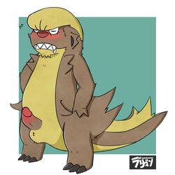 1boy 2016 anthro blush brown_fur erection fur furry gumshoos hi_res male male_only mammal mongoose nintendo nude penis pokemon pokemon_sm sharp_teeth simple_background solo teeth testicles text video_games yellow_fur