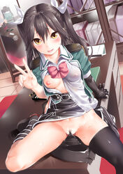 black_hair blush breasts brown_hair female hair_between_eyes hair_ribbon highres kantai_collection karochii_(mochiya) long_hair nipples pelvic_curtain pubic_hair pussy remodel_(kantai_collection) ribbon single_elbow_glove solo spread_legs tied_hair tone_(kantai_collection) twintails v yellow_eyes