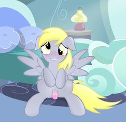 2015 amber_eyes bed blonde_hair blush derpy_hooves dildo equine feathered_wings feathers female feral friendship_is_magic fur grey_feathers grey_fur hair inside lamp looking_at_viewer mammal masturbation my_little_pony pegasus pillow pussy pussy_juice rainbownspeedash sex_toy solo spread_wings wings