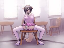 1girls 2016 anthro black_hair bondage canine chair clothing female_only hair kailys knife legwear looking_at_viewer mammal pussy restrained shirt skirt solo stockings