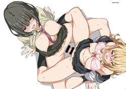 2girls arm_support bar_censor bare_shoulders black_eyes black_hair black_legwear blonde_hair blue_eyes blush bra breasts censored dildo from_above kneehighs large_breasts leg_lock long_hair multiple_girls navel necktie nipples object_insertion off_shoulder open_clothes open_mouth original pink_bra pubic_hair saitou_masatsugu school_uniform serafuku shirt_lift short_hair simple_background sitting skirt sweat tongue tongue_out underwear vaginal_object_insertion vaginal_penetration white_background yuri