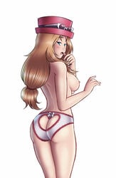 1girls ass blonde_hair blue_eyes bow_panties breasts dat_ass erect_nipples female hat human human_only long_hair looking_at_viewer panties pokemon reptileye ribbon serena_(pokemon) serena_(pokemon_games) sideboob solo topless