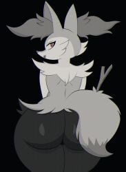 2025 absurd_res anthro ass biped black_background braixen canid canine female fluffy fluffy_tail fox fur generation_6_pokemon hi_res inner_ear_fluff looking_back mouth_closed nintendo pokemon pokemon_(species) rear_view red_eyes simple_background solo standing stick superbage tail tongue tongue_out tuft white_sclera