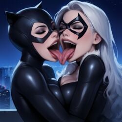 ai_generated black_cat_(marvel) catwoman dc dc_comics felicia_hardy kissing marvel marvel_comics selina_kyle tongue_kiss