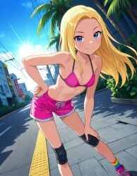 2025 ai_generated belly bikini_under_shorts black_eyebrows blonde_hair_female blue_eyes_female cartoon_network city_background closed_mouth closed_mouth_smile closed_smile dc dc_comics dcamu dcau deviantart elryusam female female_only hand_on_hip hand_on_leg long_hair_female looking_at_viewer meta mouth_closed pink_bikini pink_shoes pink_shorts rainbow_socks smile_at_viewer smiling_at_viewer sports_legwear teen_titans terra_(dc) tummy