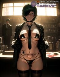 1boy ace_(playing_card) ace_of_hearts ace_of_spades ai_generated ass_visible_through_thighs back bar_(place) bikini bikini_under_clothes black_bikini black_choker black_gloves black_hair black_jacket black_necktie black_suit black_thighhighs blue_eyes blush breasts card chainsaw_man choker closed_mouth collared_shirt exhibitionism eyepatch female formal gloves green_hair heart_tattoo himeno_(chainsaw_man) indoors jacket large_breasts looking_at_viewer medium_breasts meitabuu micro_bikini mole mole_on_breast navel necktie one_eye_covered open_clothes open_jacket playing_card pubic_tattoo public_indecency shirt short_hair side-tie_bikini_bottom skindentation solo_focus spade_(shape) stomach stomach_tattoo suit swimsuit tattoo thighhighs underboob white_shirt window