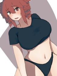 belly_button big_breasts black_panties black_tank_top breasts crop_top kasane_teto large_breasts looking_at_viewer open_mouth panties red_eyes red_hair shaded shadow shocked shocked_expression tank_top thick thick_thighs thighs waist wasanpon_ama
